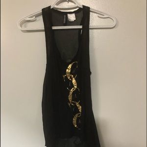 Divided sheer black top/gold and black lettering